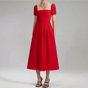 Self-Portrait Red Crepe Dress with Swiss Dot Mesh Sleeves